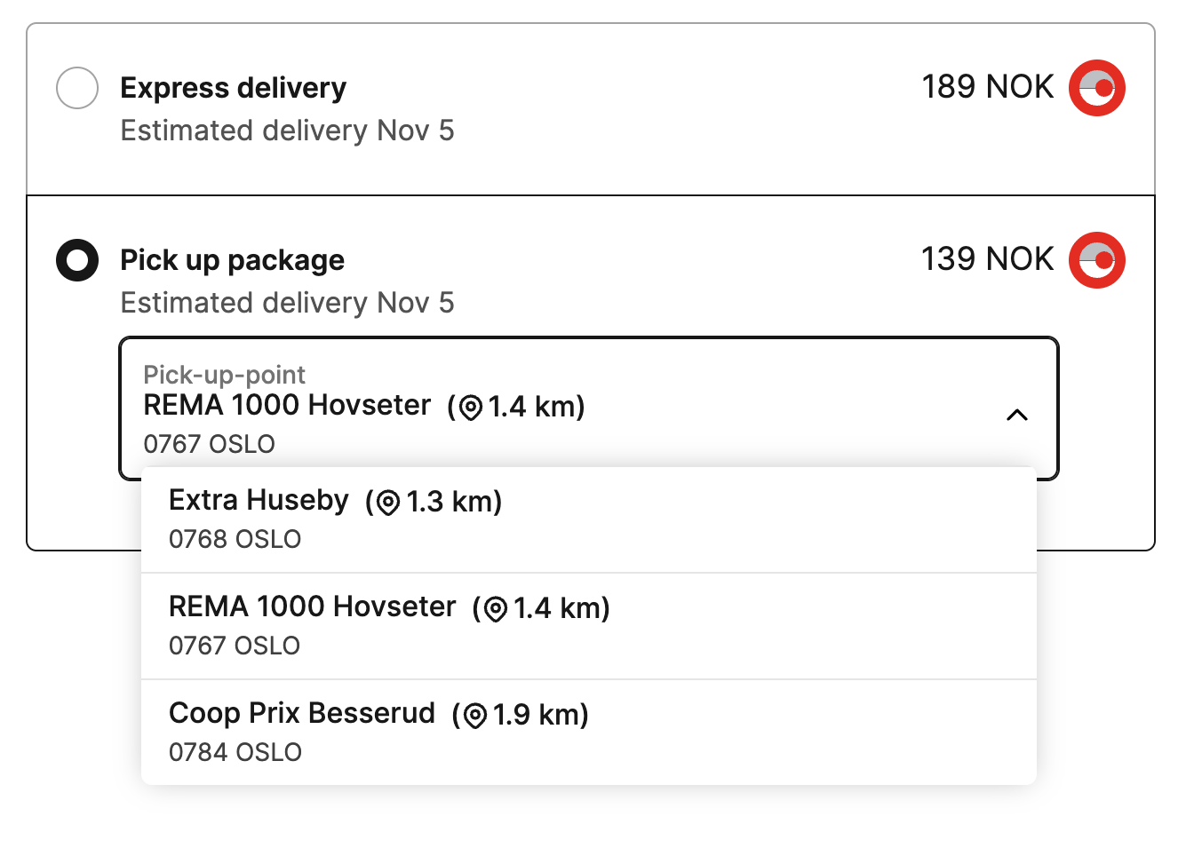 Shipping options pick up group